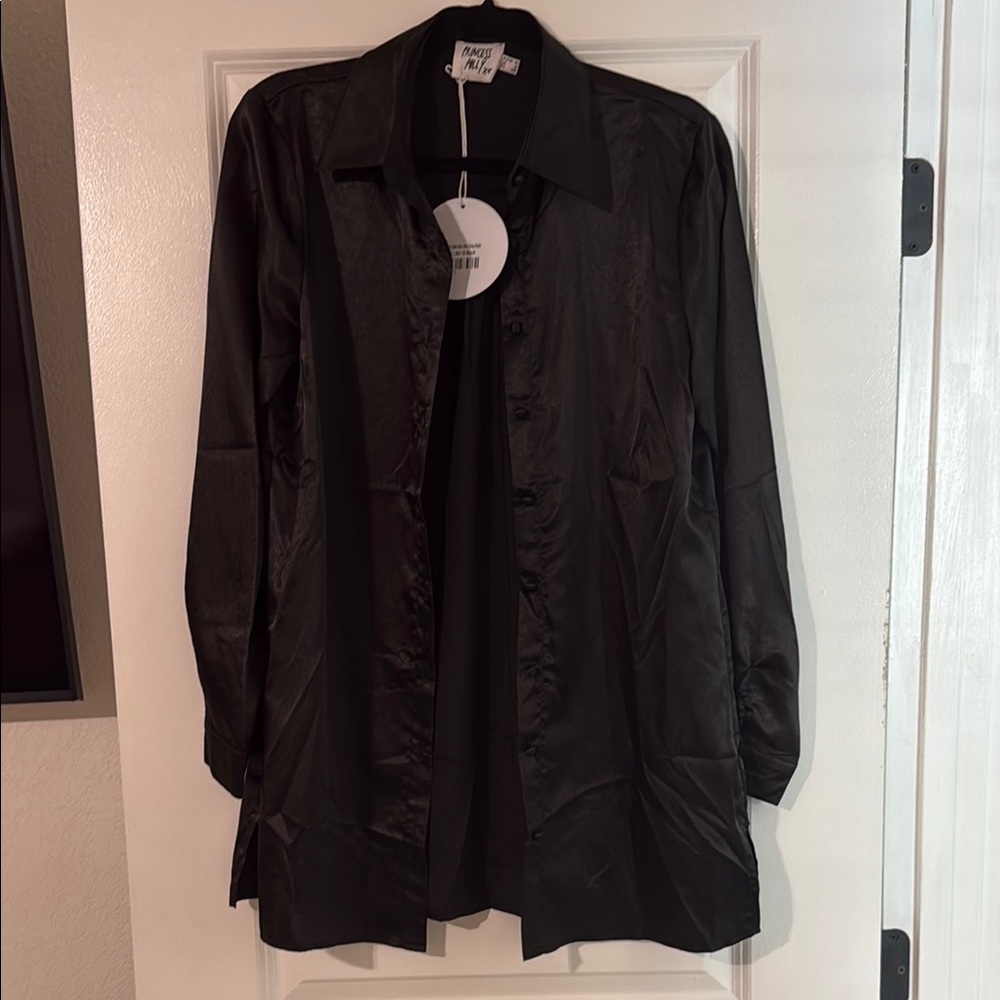 Princess Polly black satin shirt mini dress